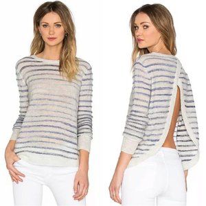 Pam & Gela Sweater Ivory Blue Stripe Cross Back Pullover Wool Blend